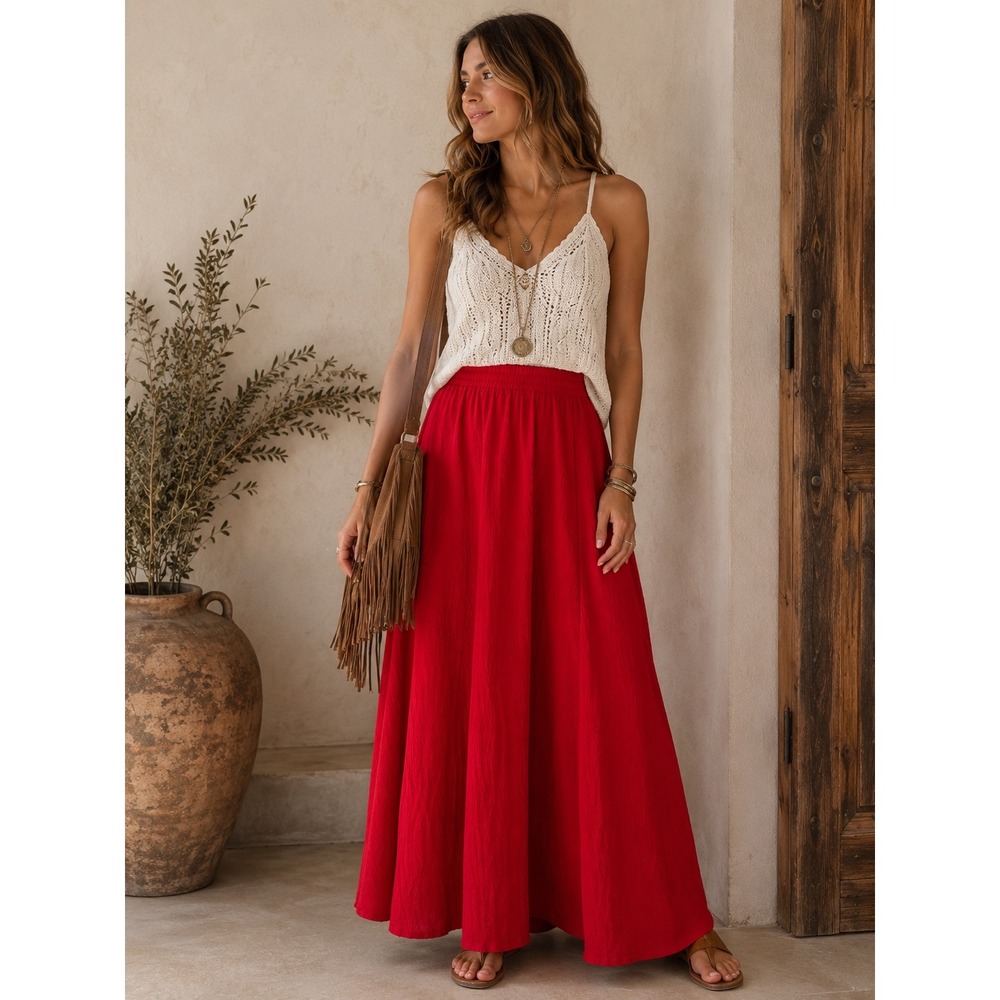 Universal Thread Womens Red Crinkle Texture Elastic Waist Maxi Skirt Size M NWT